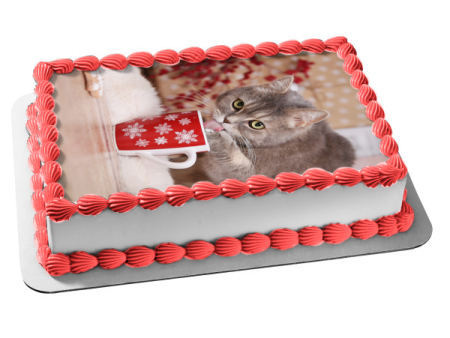 Holiday Cat with Mug Edible Cake Topper Image ABPID50468 Cheap