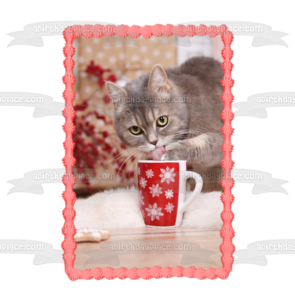 Holiday Cat with Mug Edible Cake Topper Image ABPID50468 Cheap