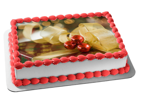 Christmas Present Gold Ribbon Edible Cake Topper Image ABPID50586 Sale