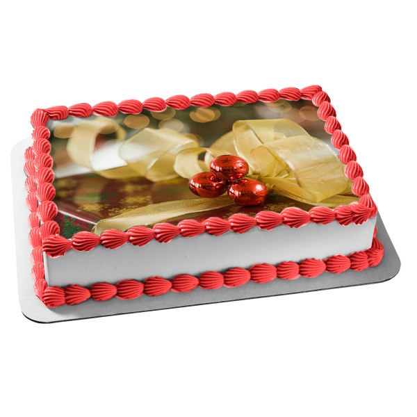 Christmas Present Gold Ribbon Edible Cake Topper Image ABPID50586 Sale