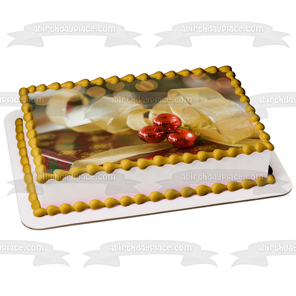 Christmas Present Gold Ribbon Edible Cake Topper Image ABPID50586 Sale